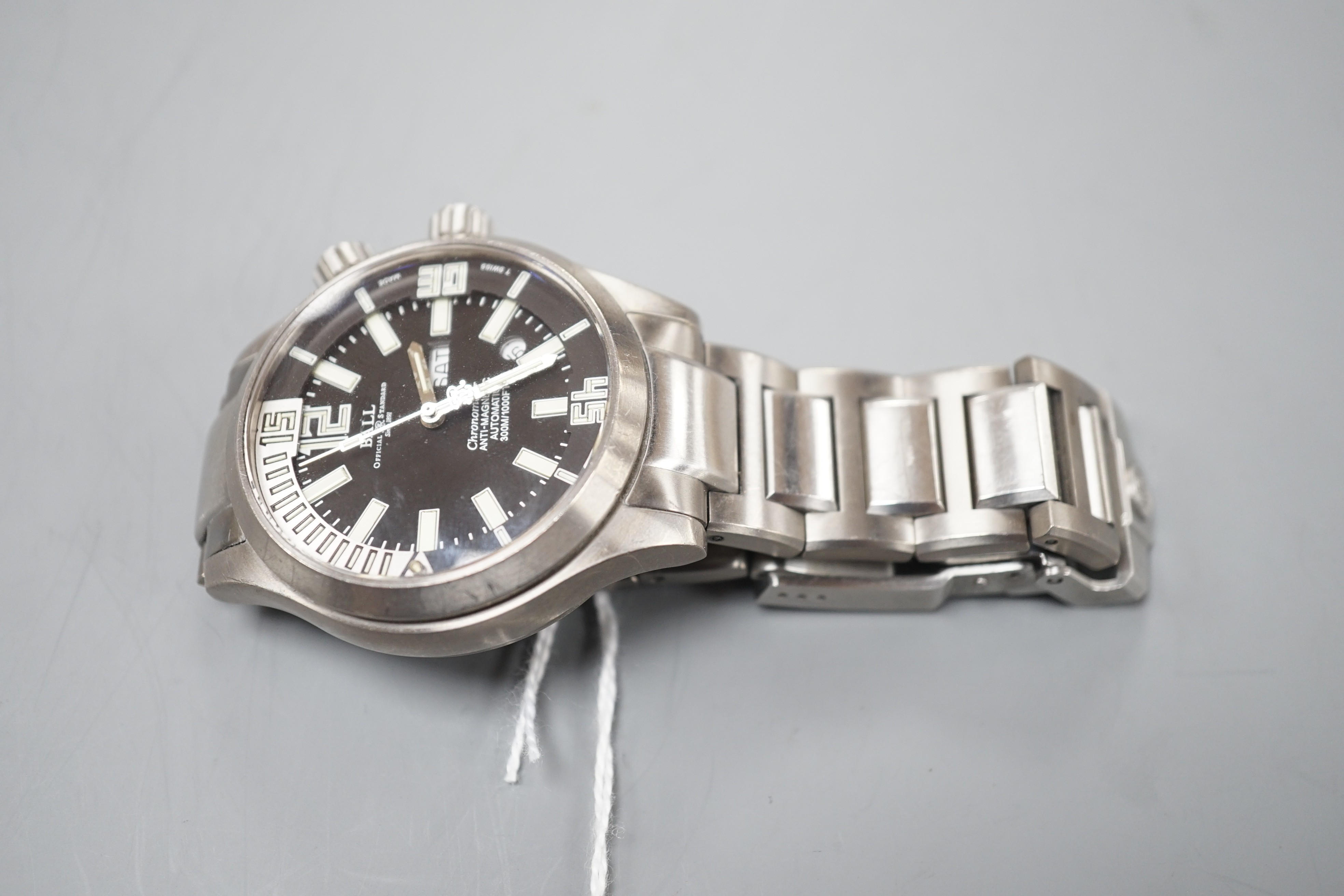 A gentleman's modern stainless steel Swiss Ball Watch Co Chronometer automatic wrist watch, with baton numerals and day/date apertures, ETA movement c.2836-2, case diameter 42mm, no box or papers.